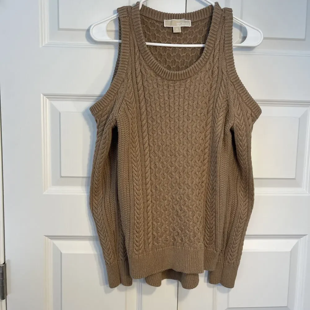 Michael Kors Light Brown Cable Knit Sweater W/ Cold Open Shoulders, Size Medium